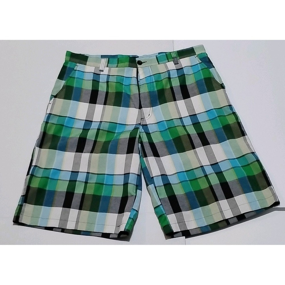 GRANDEUR Men's Plaid Linen Rayon Shorts Flat Front Button Pockets Green Blue